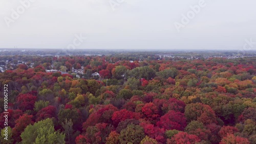 Moving very slowly above the colorful trees in Fall on a cloudy day