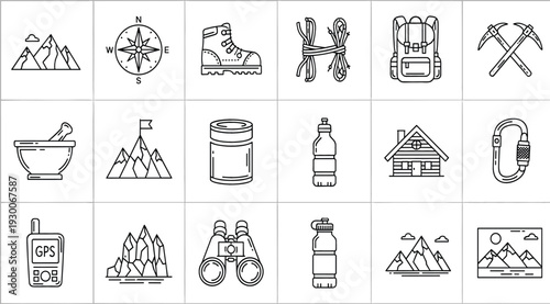 Mountain climbing and hiking equipment line icon set featuring compass backpack boots ice axe rope carabiner binoculars and gps for outdoor adventure.