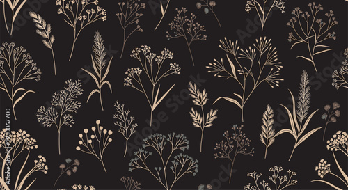 Elegant seamless pattern of delicate golden wildflowers and grasses on a sophisticated dark background for decor.