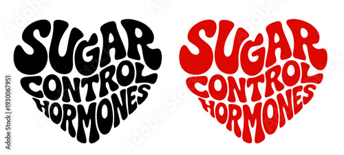 Heart-shaped sticker set featuring "SUGAR CONTROL HORMONES" in colorful and black design