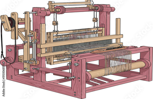 Traditional wooden weaving loom machine vector illustration with intricate mechanical details for textile production, handcraft industry, historic fabric manufacturing, and artisanal craftsmanship.