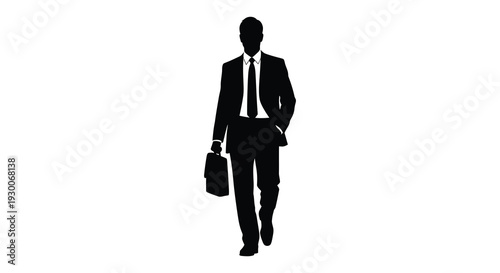 A sharply dressed businessman walks with a briefcase presented as a dramatic black silhouette high quality professional detailed