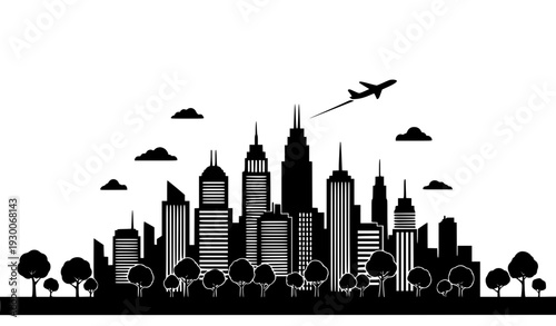 Black Urban City Skyline Silhouette with Skyscrapers, Trees, Clouds, and Flying Airplane for Travel Posters, Business Branding, and Modern Vector Illustrations