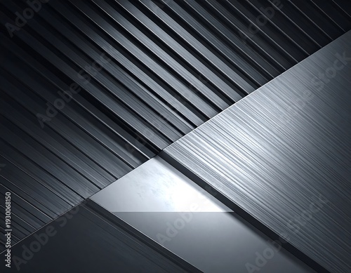 Geometric design featuring metallic textures. Angled lines intersect creating a layered composition with light and shadow interplay