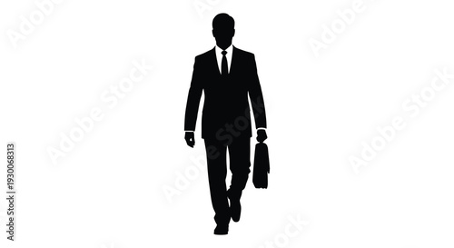 A sharply dressed businessman walks forward carrying a briefcase in a striking black silhouette high quality professional detailed