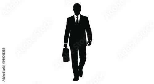 A sharply dressed businessman confidently walking forward briefcase in hand presented as a striking silhouette high quality professional