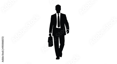 A sharply dressed businessman confidently walks forward carrying a briefcase presented as a silhouette high quality professional detailed