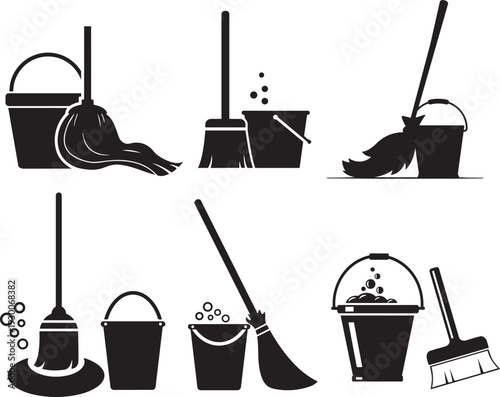 Cleaning Supplies Icon Set: A collection of various cleaning tools are presented, featuring the silhouette of a bucket, mop, and broom. Depicting the essence of tidiness.
