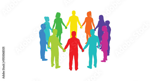 A vibrant group of diverse people holding hands in a colorful circle conveying unity and togetherness silhouette
