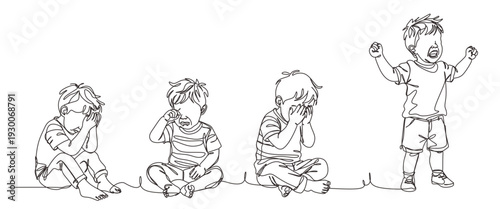 continuous single line drawing of sad or frustrated toddler boy sitting on floor hiding face behind hands  line art vector illustration
