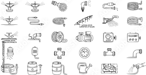 Hand-drawn vector icons of irrigation and watering system equipment, tools, and accessories for agriculture and gardening