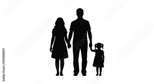 A family of three including a mother father and young daughter stands together as a silhouette high quality