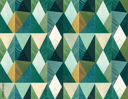 Geometric pattern featuring repeating diamond and triangle shapes in various shades of green, gold, and teal with a textured look
