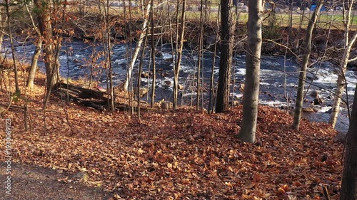 Drone flying at low altitude over the path getting closer to the river in the Fall with leaves covering the ground