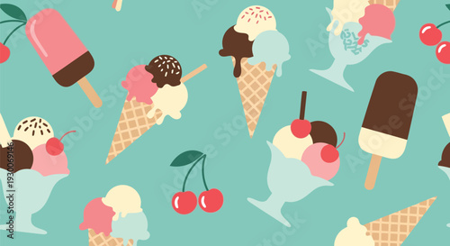 Ice Cream Vector Pattern with Popsicles, Cones, Sundaes and Cherries on Blue Background