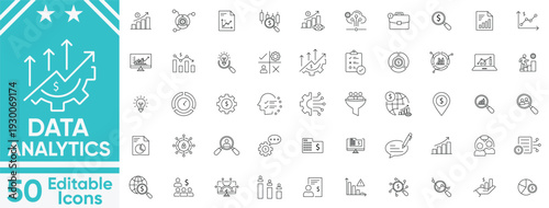 Data analytics icon set.statistics, sales trends, research, strategy, analytics, server, monitoring and computing Vector.