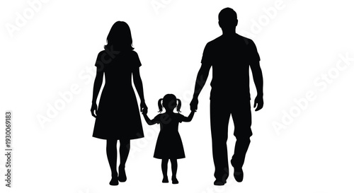 A family of three a mother father and daughter walking hand in hand as a silhouette high quality professional detailed