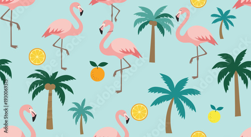 Tropical flamingo vector pattern with palm trees and citrus fruits on blue background