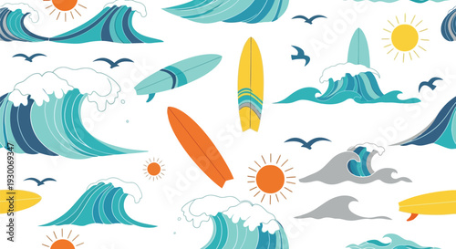 Seamless Summer Surfing Vector Pattern with Waves, Surfboards, and Sun Illustration