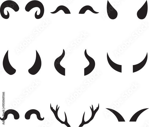 Horns Collection: An array of various horns are artistically showcased. The collection features diverse shapes and styles, all depicted in a contrasting color.