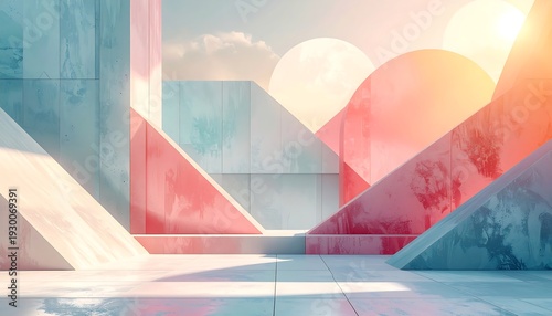 Geometric shapes of various colors and textures are bathed in warm sunlight. The artwork evokes a serene, surreal, minimalist atmosphere