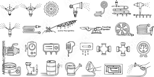 Irrigation System Icons: Hand-Drawn Watering Equipment  Sprinkler Systems Vector Set