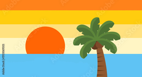 Sunset beach scene image, vector illustration, summer vacation, tropical paradise, travel tourism design