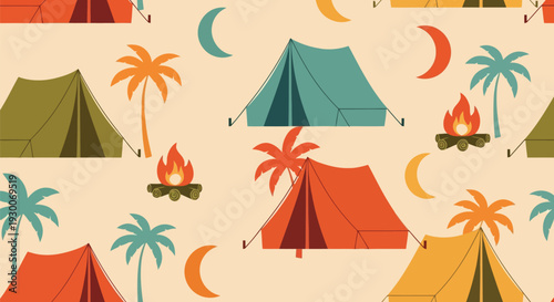 Camping tents and palm trees seamless vector pattern with campfire and moon elements