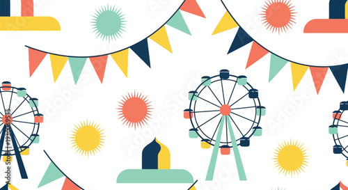 Carnival Ferris Wheel Vector Pattern with Colorful Bunting and Sun Elements Seamless Design