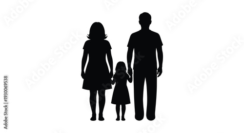 A black silhouette depicts a mother father and young daughter standing closely together silhouette high quality professional