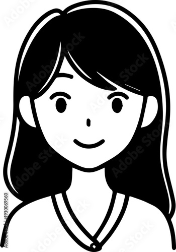 Hand Drawn Cute Cartoon Girl Black and White Avatar Illustration in Minimal Line Art Style Design