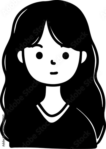 Hand Drawn Cute Cartoon Girl Black and White Avatar Illustration in Minimal Line Art Style Design