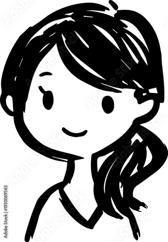 Hand Drawn Cute Cartoon Girl Black and White Avatar Illustration in Minimal Line Art Style Design