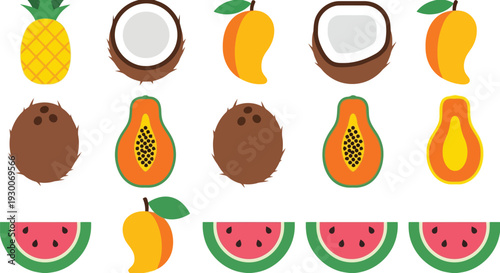 Tropical Fruit Vector Pattern with Pineapple, Coconut, Papaya, Mango, and Watermelon Icons