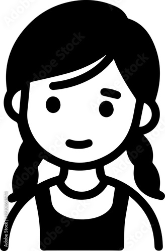 Hand Drawn Cute Cartoon Girl Black and White Avatar Illustration in Minimal Line Art Style Design