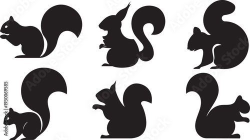 Silhouette Squirrel Set: A collection of six sleek silhouettes of squirrels in various poses, perfect for illustrating the essence of agility and woodland charm.