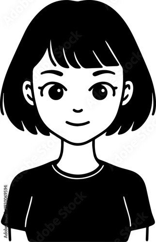 Hand Drawn Cute Cartoon Girl Black and White Avatar Illustration in Minimal Line Art Style Design