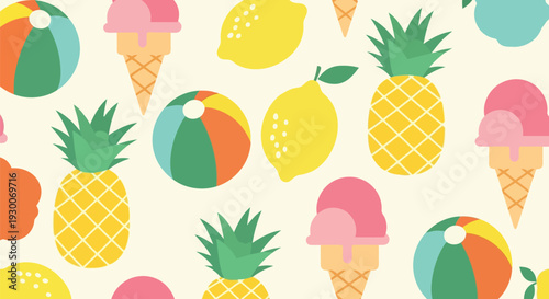 Summer fruit and ice cream seamless vector pattern with pineapples, lemons, and beach balls