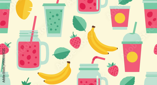 Seamless Fruit Smoothie Vector Pattern with Bananas, Strawberries, and Juice Cups