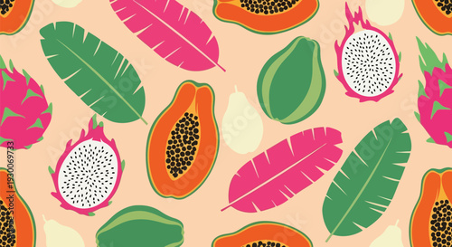 Tropical Fruit Vector Pattern with Papaya, Dragon Fruit, Leaves, and Exotic Summer Design