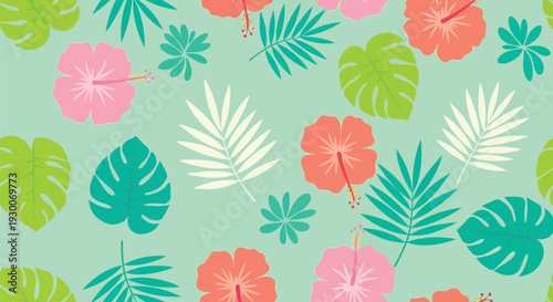 Tropical hibiscus floral vector pattern with palm leaves on mint green background