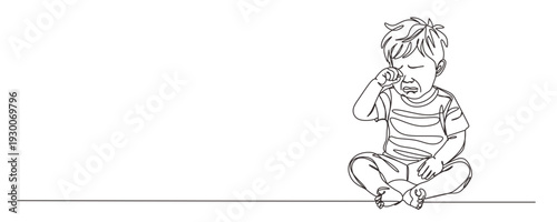 continuous single line drawing of sad or frustrated toddler boy sitting on floor hiding face behind hands  line art vector illustration