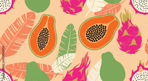 Tropical Fruit Vector Pattern with Papaya, Dragon Fruit, and Leaves in Vibrant Colors