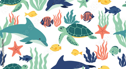 Seamless Underwater Animals Vector Pattern with Dolphins, Turtles, Fish, and Seaweed