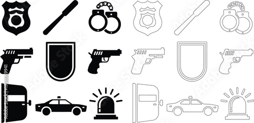 Collection of police and law enforcement in black and white silhouette and outline styles
