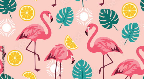 Tropical Flamingo Vector Pattern with Lemon Slices and Monstera Leaves on Pink Background
