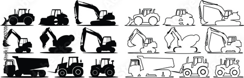 Construction heavy machinery in silhouette and outline styles for industrial use