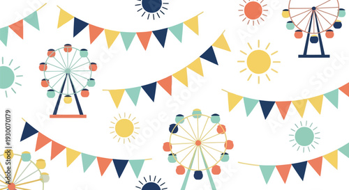 Colorful Ferris Wheel and Bunting Vector Pattern for Summer Festival and Carnival Designs