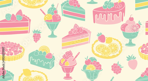 Seamless pastel dessert vector pattern with cakes, ice cream, and fruit for bakery design