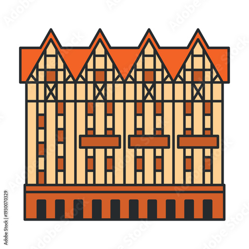 Historic half-timbered houses with red roofs and traditional European architecture. Illustration. Object isolated on white background.